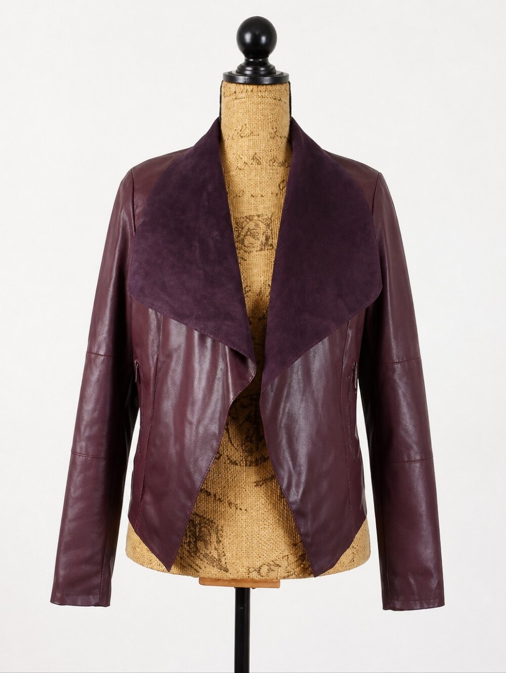 Bagatelle Women's Plum Faux Leather Open Front Jacket Small